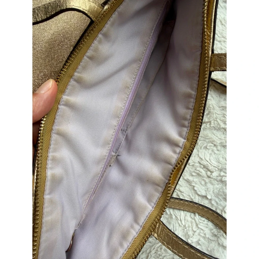 Coach Signature Stripe Tote Khaki Brown Metallic Gold Leather F15112 Medium Bag